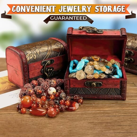 Small Wooden Treasure Chest Box with Lid Decorative Mini Jewelry Storage Box - Picture 6 of 10